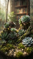 Fototapeta premium Succulent terrarium with moss and wood