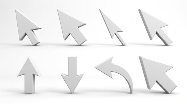 Cursor arrow set in 3d white render for software interface and web interactive elements.