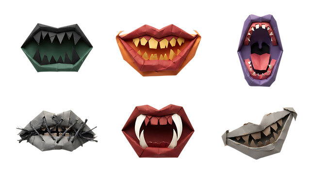 Set of six stylized monster mouths with sharp teeth isolated on white