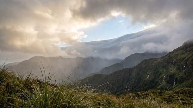 Mountain range clearing after rain with waterfalls and dew drops on grass