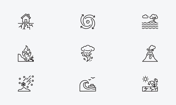 Natural Disaster Line Editable Icons Set, Emergency, Safety and Hazard Vector Collection