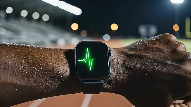 Extreme Macro of an Athlete Sweaty Arm Wearing a Smartwatch Displaying a Glowing Green Heart Rate Pulse at Night