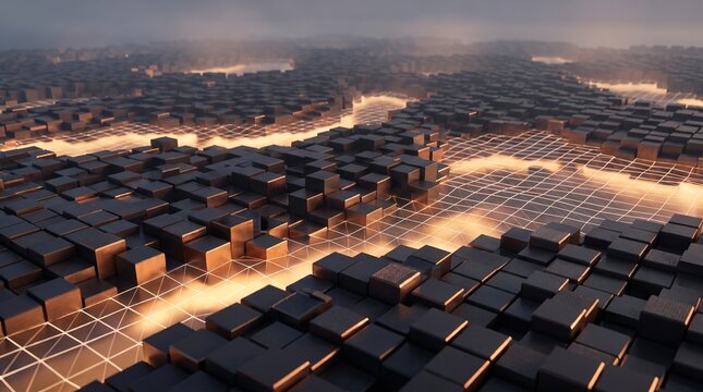 Futuristic 3D Matrix of Dark Metallic Cubes with Glowing Warm Underground Network Grid