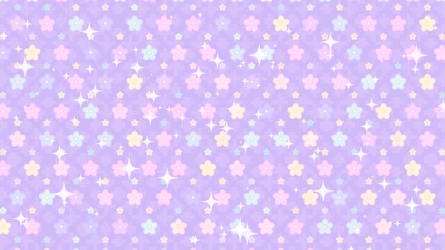 Colorful flowers with shimmering light effect on pastel purple background. (loop)