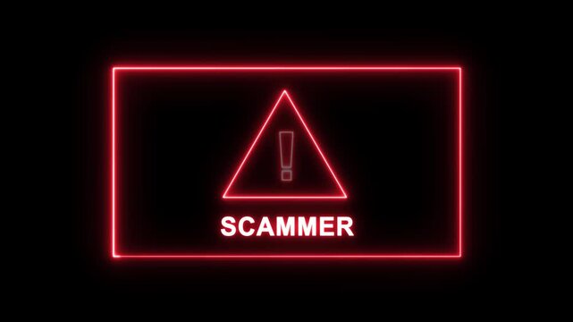 Glowing red neon scammer warning sign with exclamation mark triangle symbol for cybersecurity awareness, online fraud prevention, digital security alerts, and internet safety motion background
