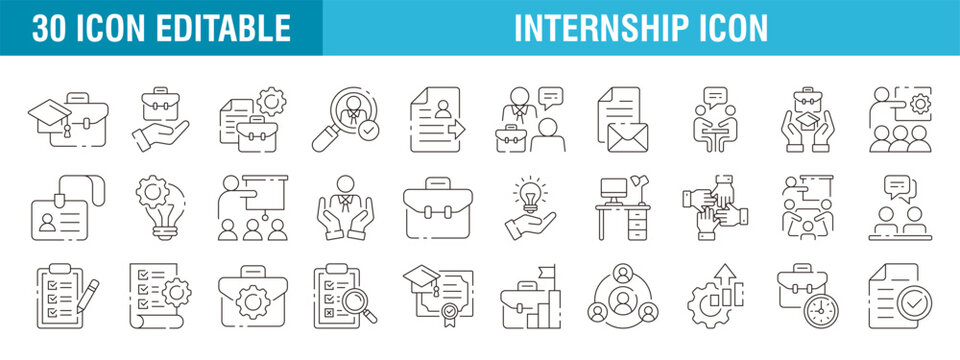 Collection of internship icons. People, employees, skills, jobs, careers. Vector template editable stroke EPS 10.