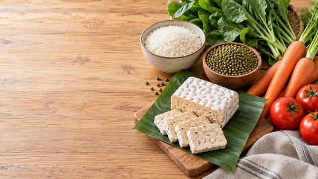 Fresh tempeh with rice, mung beans and vegetables on rustic wooden table with copy space