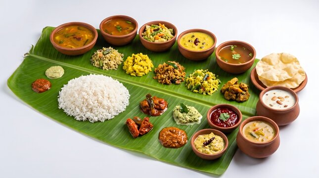 Traditional south indian vegetarian meal served on a fresh green banana leaf with various side dishes