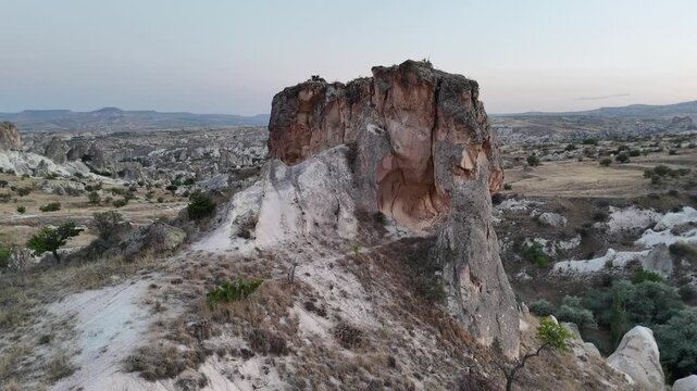 Aerial view of tuff rocks in volcanic valley near Urgup in Cappadocia, Turkey.