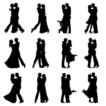 Romantic Dancing Couples Silhouette Collection - Black Silhouettes of Loving Couples Embracing, Dancing, and Kissing Isolated on White Background