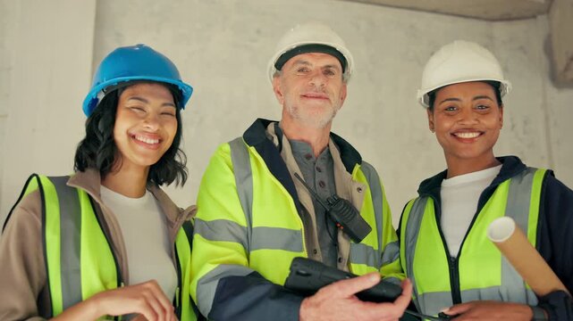 Smile, construction team and people with tablet at site for planning, development or architecture. Tech, face and happy engineers with electrician for discussion, quality control and maintenance