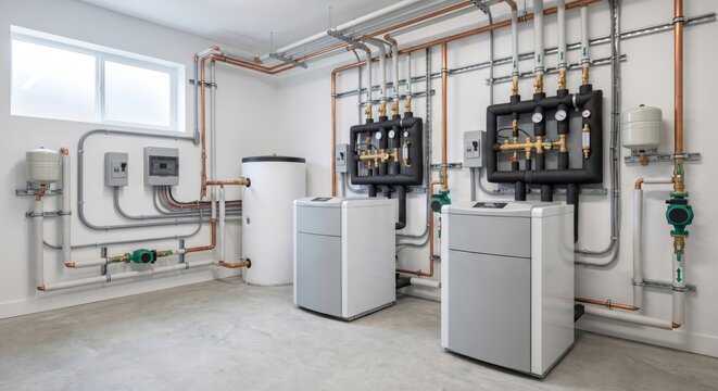 Modern residential geothermal heat pump systems in clean utility room with copper piping and electrical panels