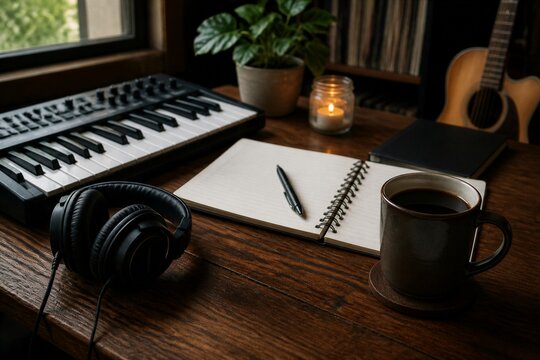 Home music workstation with notebook headphones and coffee