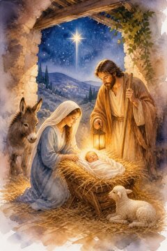 Nativity scene with Mary, Joseph, baby Jesus, star, animals