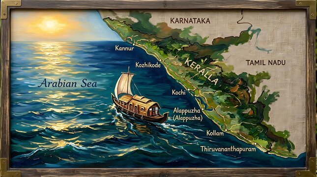 Kerala map illustration with house boat on arabian sea at sunset