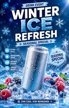 Refreshing cold beverage can nestled in ice cubes with fresh winter berries