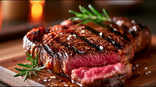Juicy steak glistens with grill marks