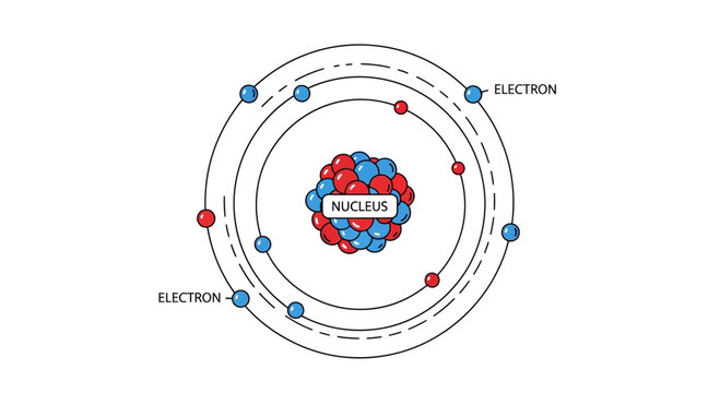 A detailed scientific illustration of an atom, depicting its central nucleus composed of protons and neutrons, surrounded by electrons orbiting in distinct energy shells.