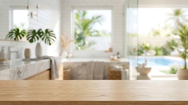 Empty wooden table top for product display with blurred modern luxury bathroom and tropical pool resort background