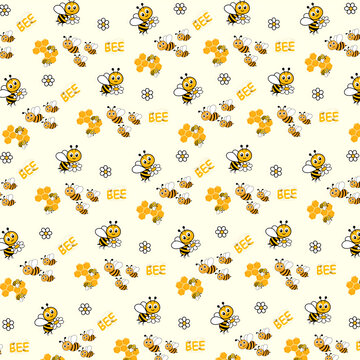 Cute seamless pattern with little bees, honeycombs, and flowers on a light yellow background