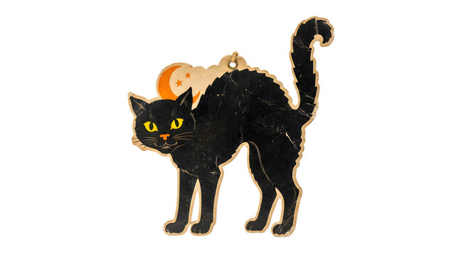 Stylized black cat ornament with glowing yellow eyes and an arched back is depicted against a small orange moon, highlighted by the bright transparent background.