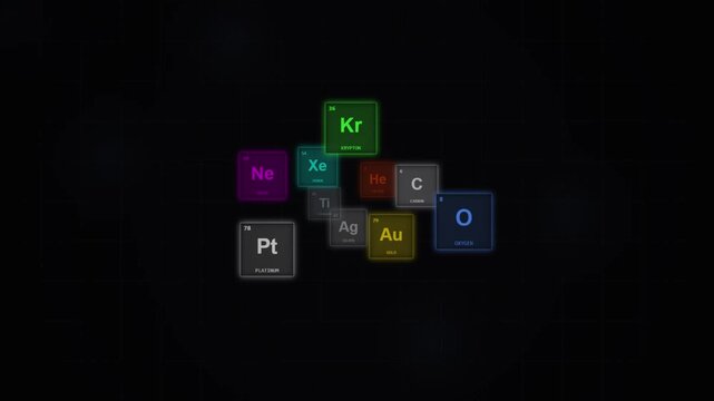 Animated Neon Periodic Table Elements Floating on Dark Digital Background