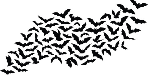 Fototapeta premium Cluster of flying bat silhouettes isolated on white background for Halloween and spooky design conceptsPrint