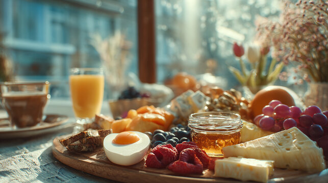 Healthy breakfast platter featuring cheese honey and fresh fruits honey jar cheese slice.