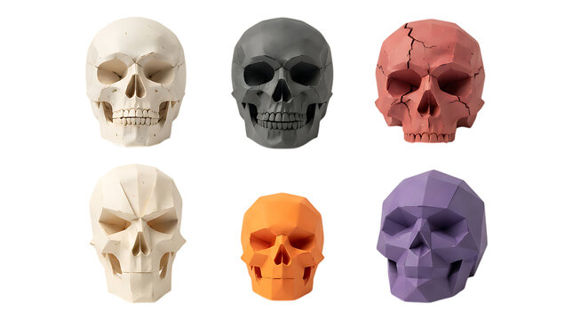 Set of six colorful low poly human skull models isolated on white background