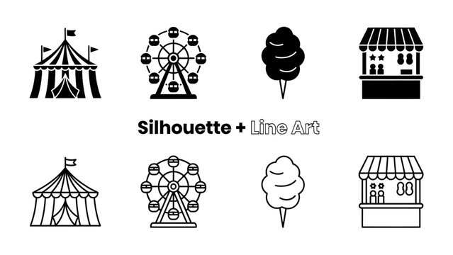 Carnival Icons Set: A collection of black and white icons representing carnival attractions like a circus tent, Ferris wheel, cotton candy, and game booth.