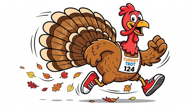Cartoon turkey trot runner, funny thanksgiving turkey mascot running a race, athletic bird with bib number 124 on white background