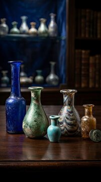 Collection of ancient glass bottles and coins