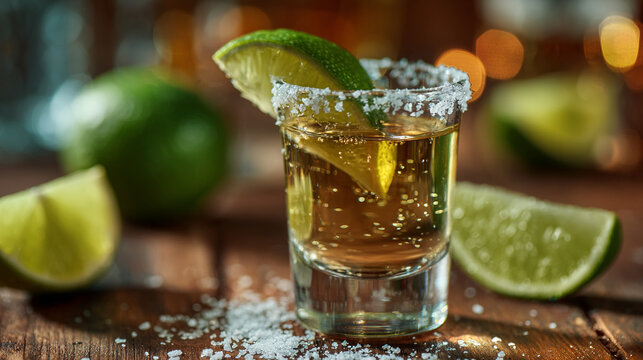 Tequila shot with salt rim and lime wedge on rustic wooden background.
