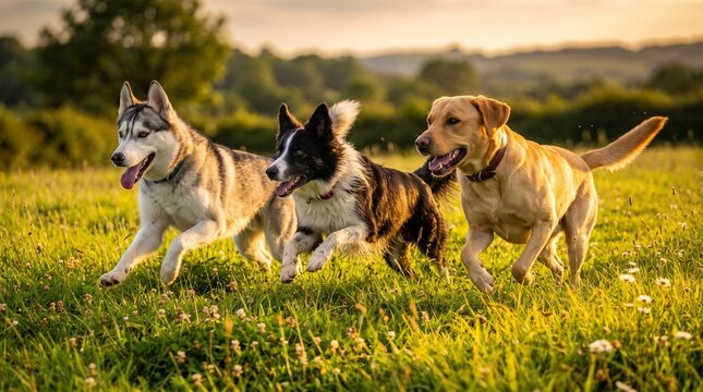 Three dogs running fast.