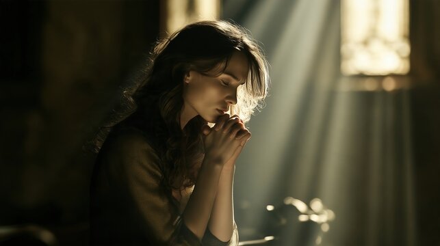 Woman prays in a dimly lit room with sunlight streaming through a window