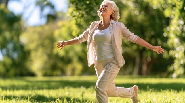 Senior woman with gray hair joyfully walks through a lush green park, wearing light-colored clothing and enjoying a sunny day surrounded by trees and grass