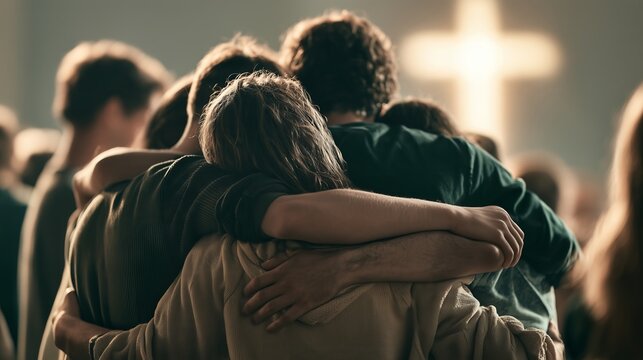 People embracing in a gathering at a church during a worship service with a cross in the background