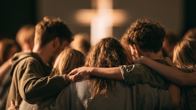 People gather in a circle to pray together in front of a cross during a group meeting in a church