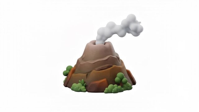 Cartoon volcano erupting white smoke with trees and rocks in a 3d render animation
