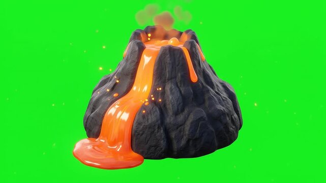 3D Animated Volcano Erupting with Glowing Lava Flowing Down Slopes on Green Screen