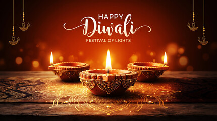 Naklejka premium Traditional diya lamps glowing on a wooden table for happy diwali festival of lights celebration with oil lamp indian festival hindu festival traditional decor