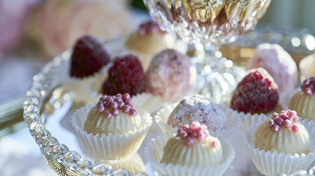 Sweet white chocolate truffles and fresh raspberries served as delicious candy treats on a decorative silver tray for a special occasion