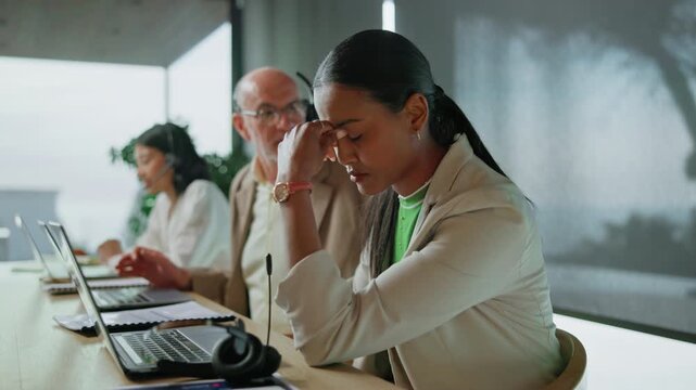 Laptop, call center and woman with stress, comfort and support for abusive customer interaction. Computer, headset and sad person with bad news at help desk, difficult client and coworker empathy