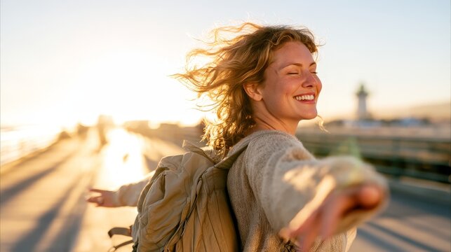 Young woman with backpack stands on pier, arms outstretched, enjoying sunset with ocean view and distant lighthouse in the background