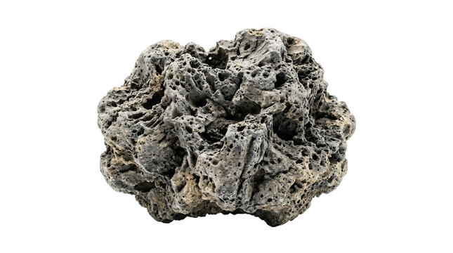 Porous grey volcanic lava rock displaying rough detailed textures with rugged craters and sharp edges captured on transparent background