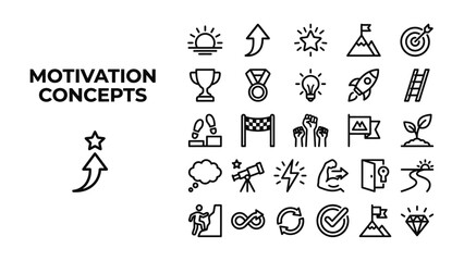 Fototapeta premium Motivation Concept Icons: A collection of modern line art icons representing various concepts of motivation, including success, goals, achievement, and growth.