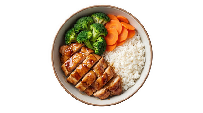 A delicious teriyaki chicken bowl with steamed rice, broccoli, and carrots, presented as a high-quality cutout isolated on transparent background