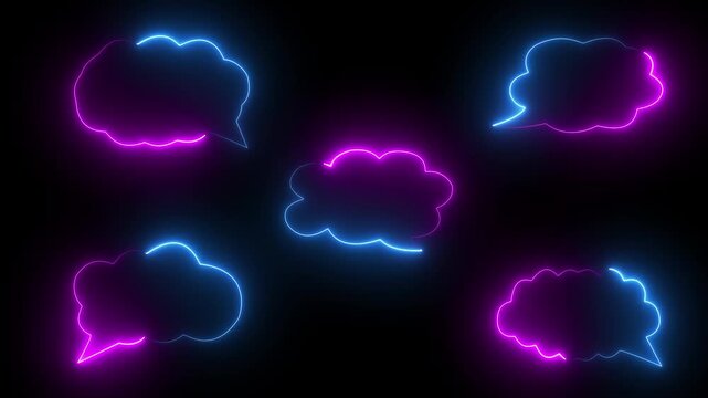 Set of glowing white neon thought bubble cloud outlines isolated on black background animation.