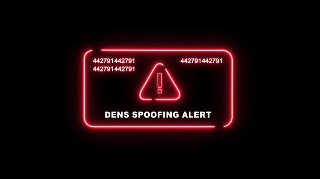 Digital cyber security warning sign featuring a glowing red neon frame with a flashing spoofing alert notification and rapidly changing data code sequences for advanced network protection concepts