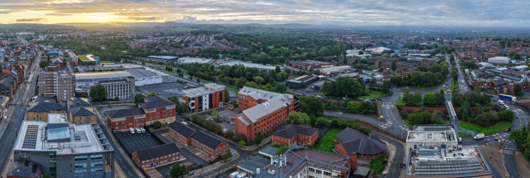 Aerial Panorama of Oldham Town Centre and Oldham Way at Golden Morning Sunrise